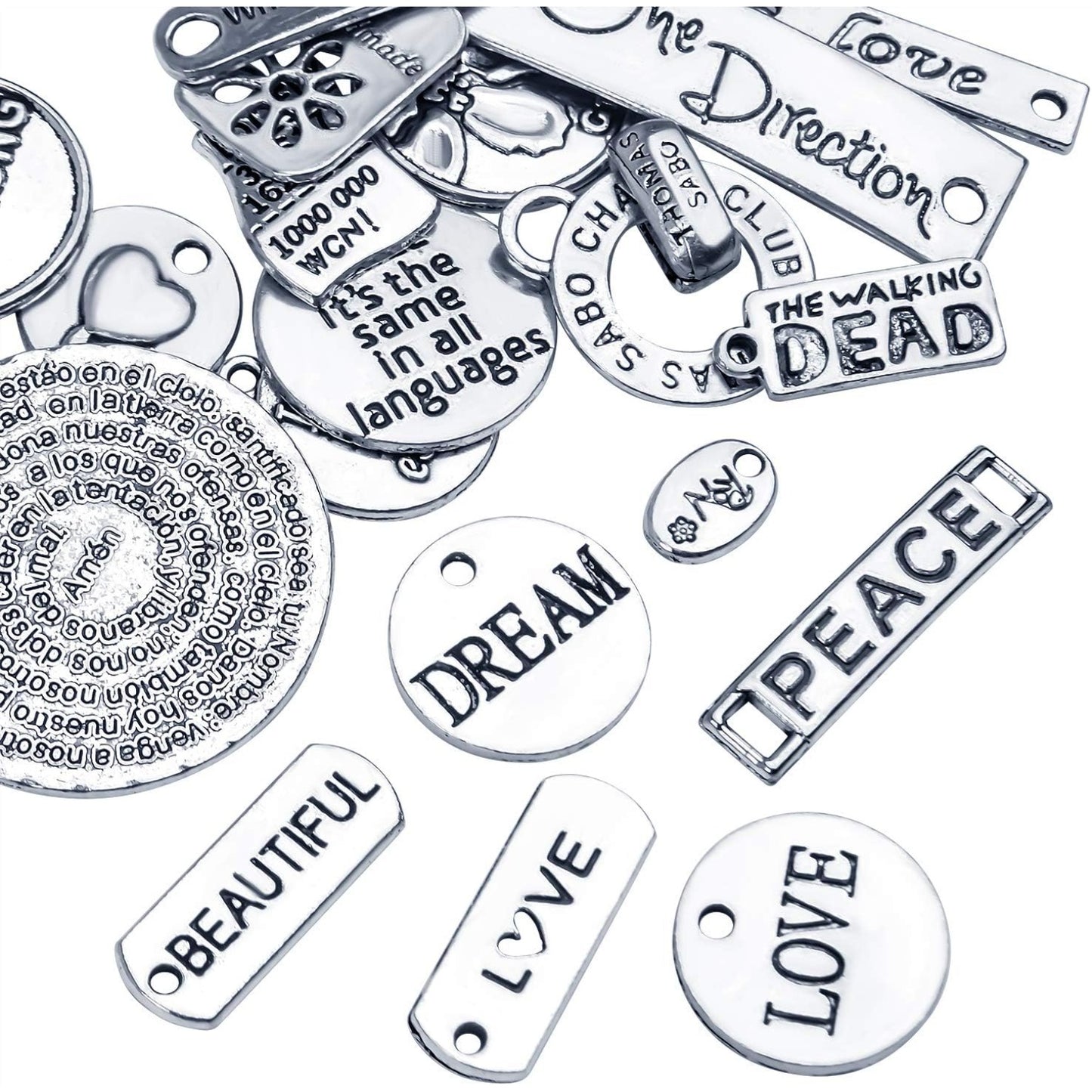 Inspiration Words Charms, 100g (40-60pcs) Mix Lettering Saying Pendants Engraved Motivational Charms Beads for Crafting, Jewelry Findings Making Accessory for DIY Necklace Bracelet