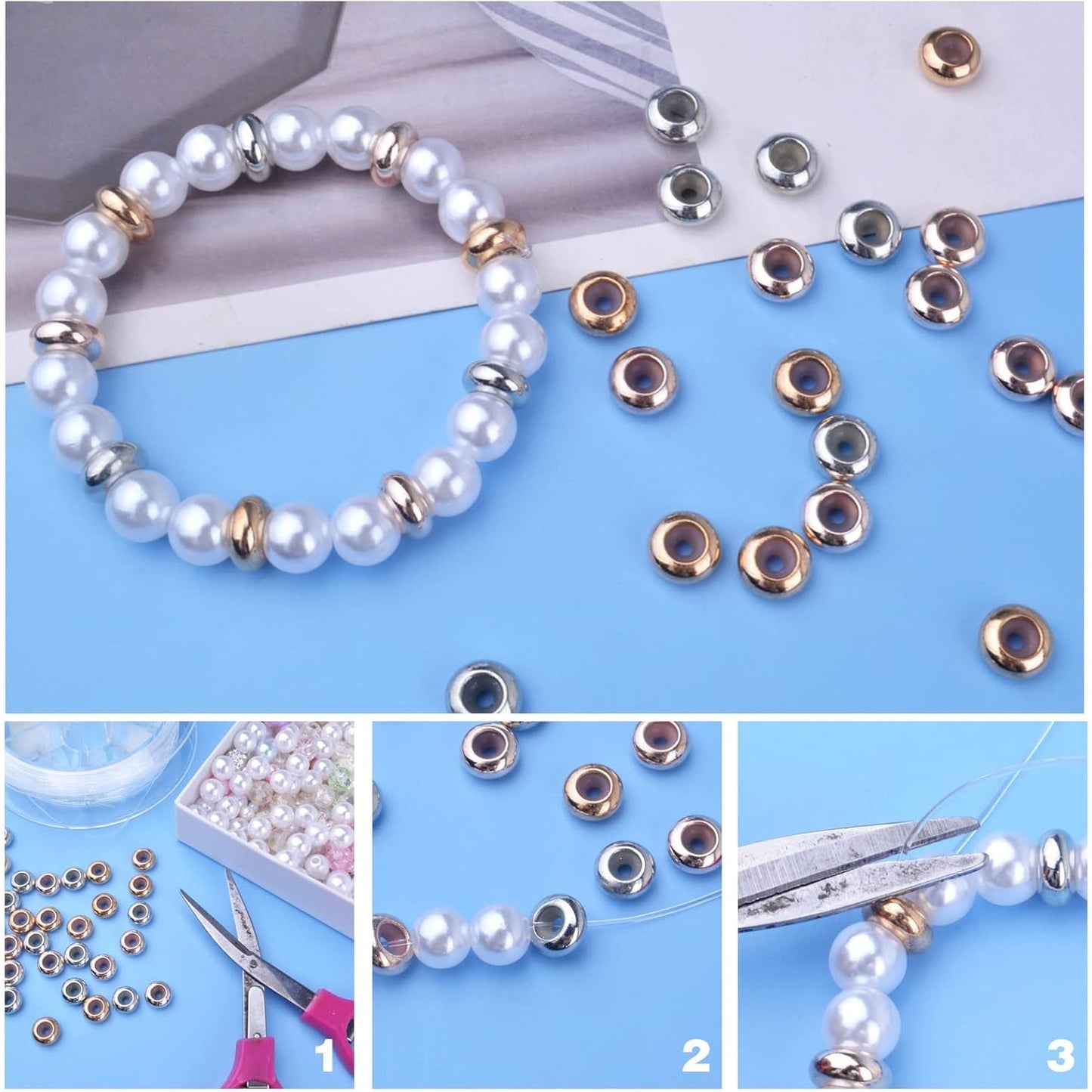 30pcs 8mm Insert Rubber Stopper Beads Brass Adjustable Slider Clasps Round Beads Positioning Spacer Beads Jewelry Making Accessories for DIY Bracelet Necklace Crafts, 3 Colors