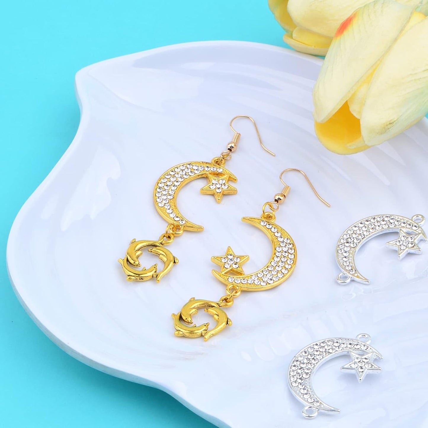 10 Pieces Crescent Moon and Star Charms Connectors with Rhinestone Alloy Moon Dangle Pendants with Double Loops for DIY Necklace Earrings Jewelry Making Supplies, 2 Colors