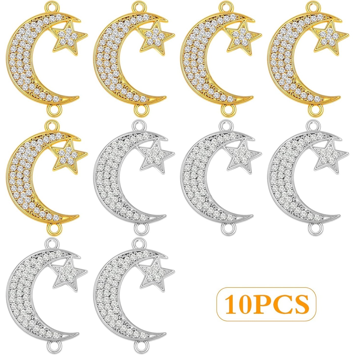 10 Pieces Crescent Moon and Star Charms Connectors with Rhinestone Alloy Moon Dangle Pendants with Double Loops for DIY Necklace Earrings Jewelry Making Supplies, 2 Colors