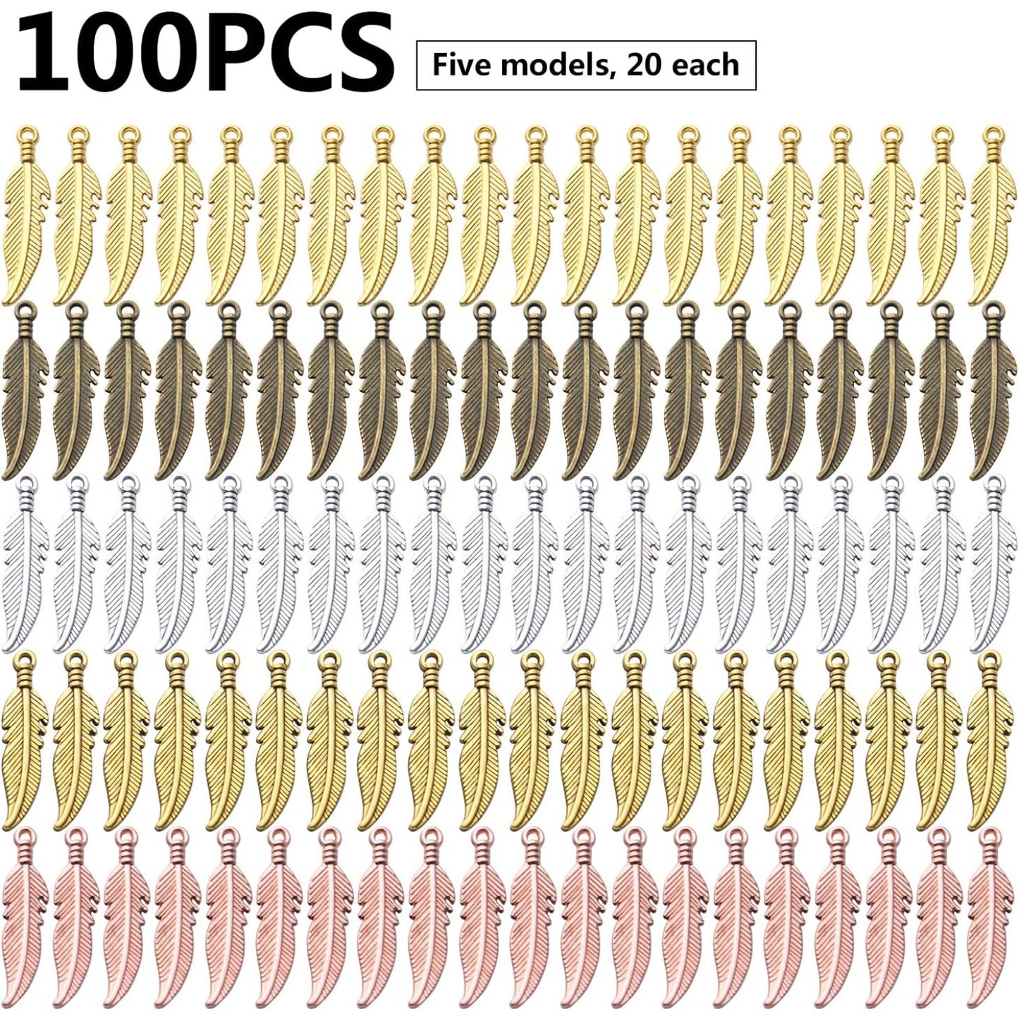 100pcs Feather Charm Pendants Tibetan Alloy Dangle Leaf Charms Craft Supplies for Jewelry Making Findings Accessory for DIY Bracelet Necklace,5 Colors