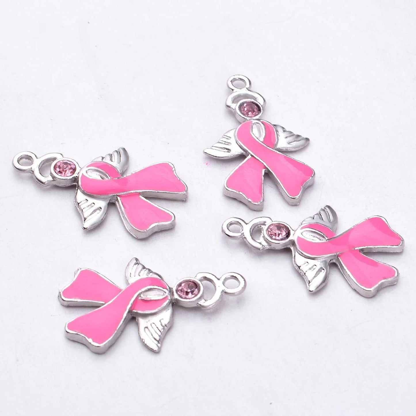 10pcs Pink Ribbon Pendants Breast Cancer Awareness Charms with Angel Wing Enamel Rhinestone Ribbon Charms Jewelry Making Accessories for DIY Crafts Necklace Bracelet Earrings