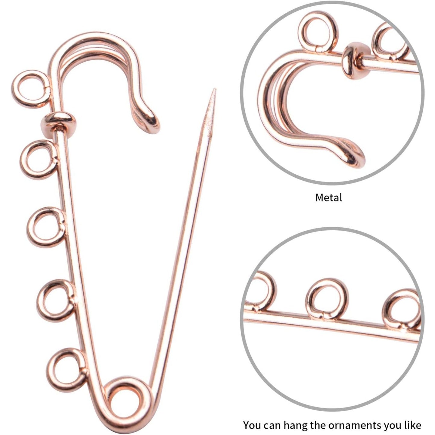 Heavy Duty Alloy Safety Pins - 20pcs Bulk Pack with 5 Loops - Gold, Silver, Antique Bronze, Rose Gold - 50x15mm