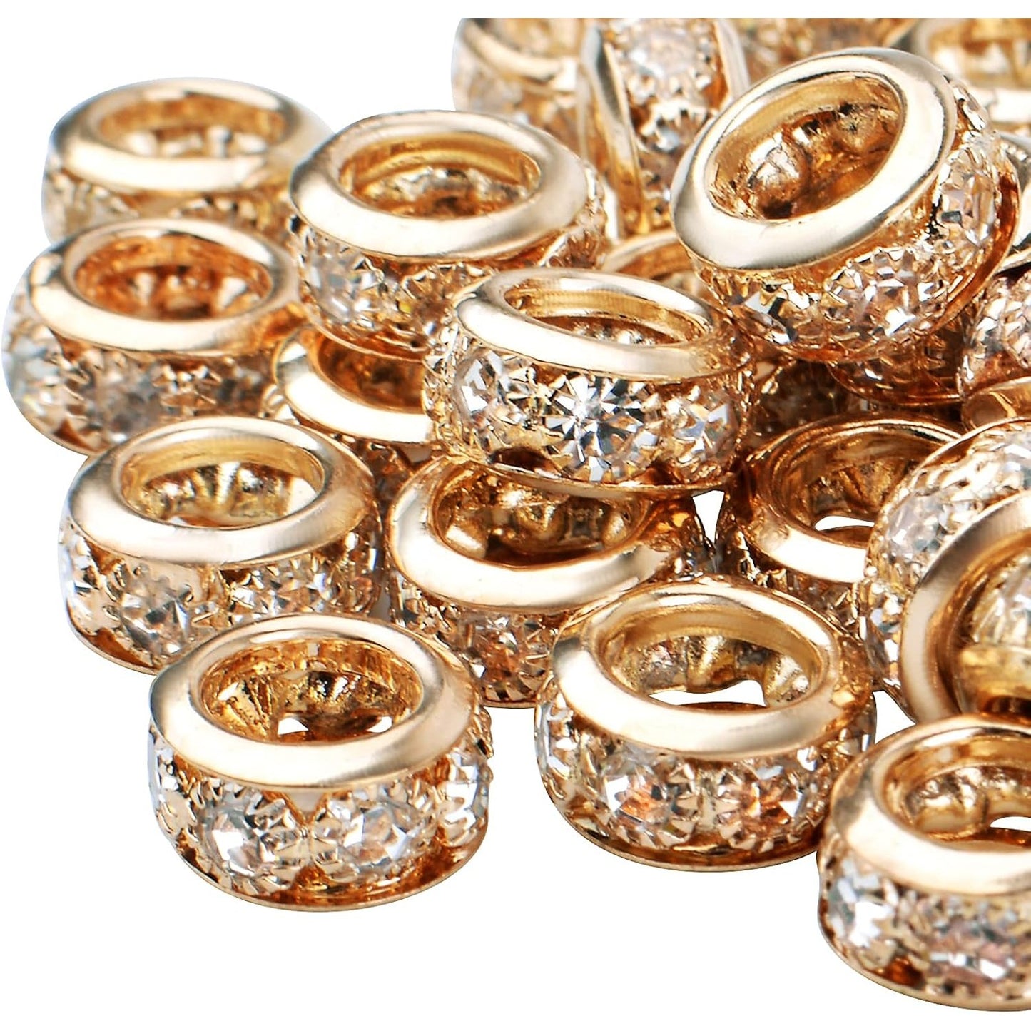 European Rhinestone Spacer Beads, 40pcs Gold Plated Crystal Rondelle Beads Brass Round Loose Beads with 6 mm Large Hole for DIY Jewelry Making Christmas Party Birthday Ornament, 10 mm x 5 mm