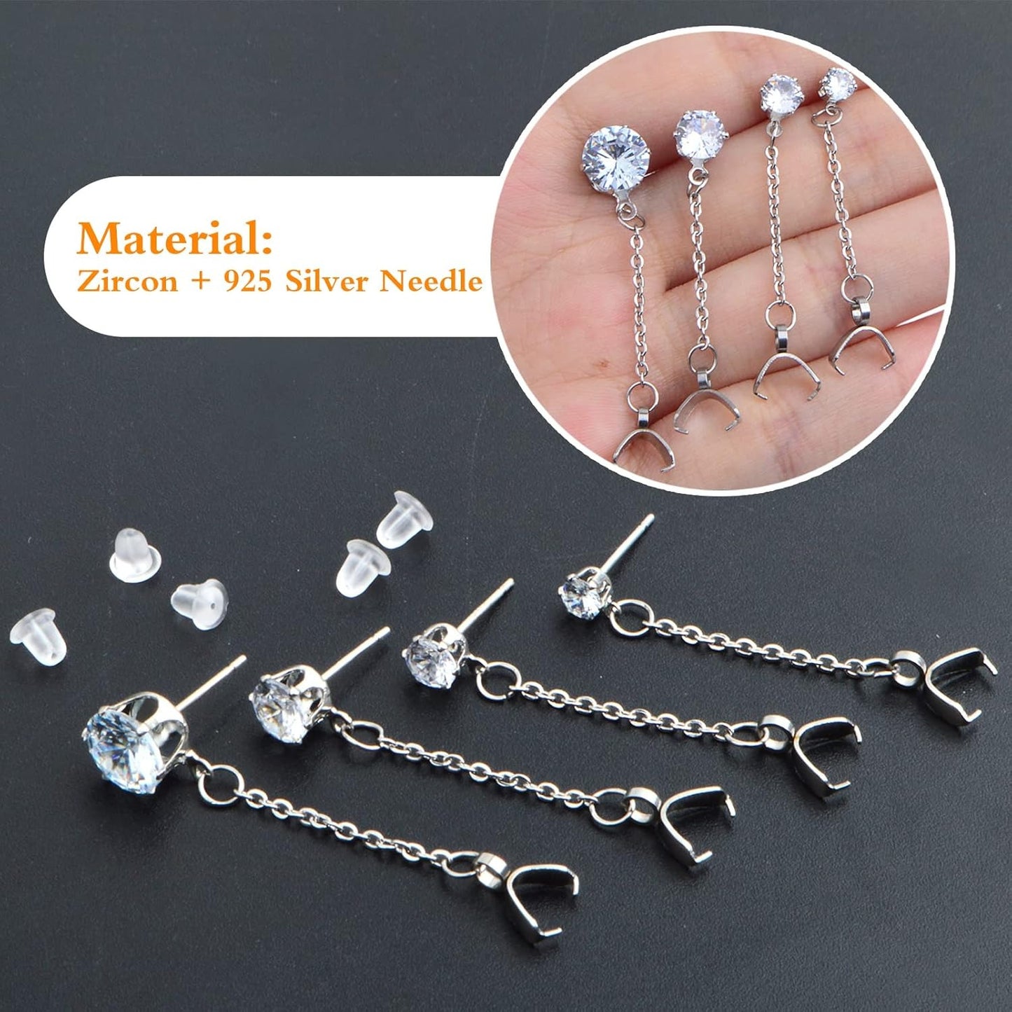 8pcs Stainless Steel Rhinestone Earring Studs Silver Plated Cubic Zirconia Earring Posts with Pinch Clasps Chains and 20pcs Clear Earring Backs for DIY Jewelry Making Supplies
