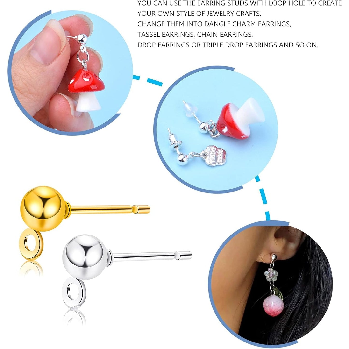 Ball Post Earring Studs, 100pcs Hypoallergenic Earring Studs Ball Ear Pin with Loop Round Ball Spherical Earrings and 300pcs Earring Safety Backs for Jewelry Making, Gold, Silver