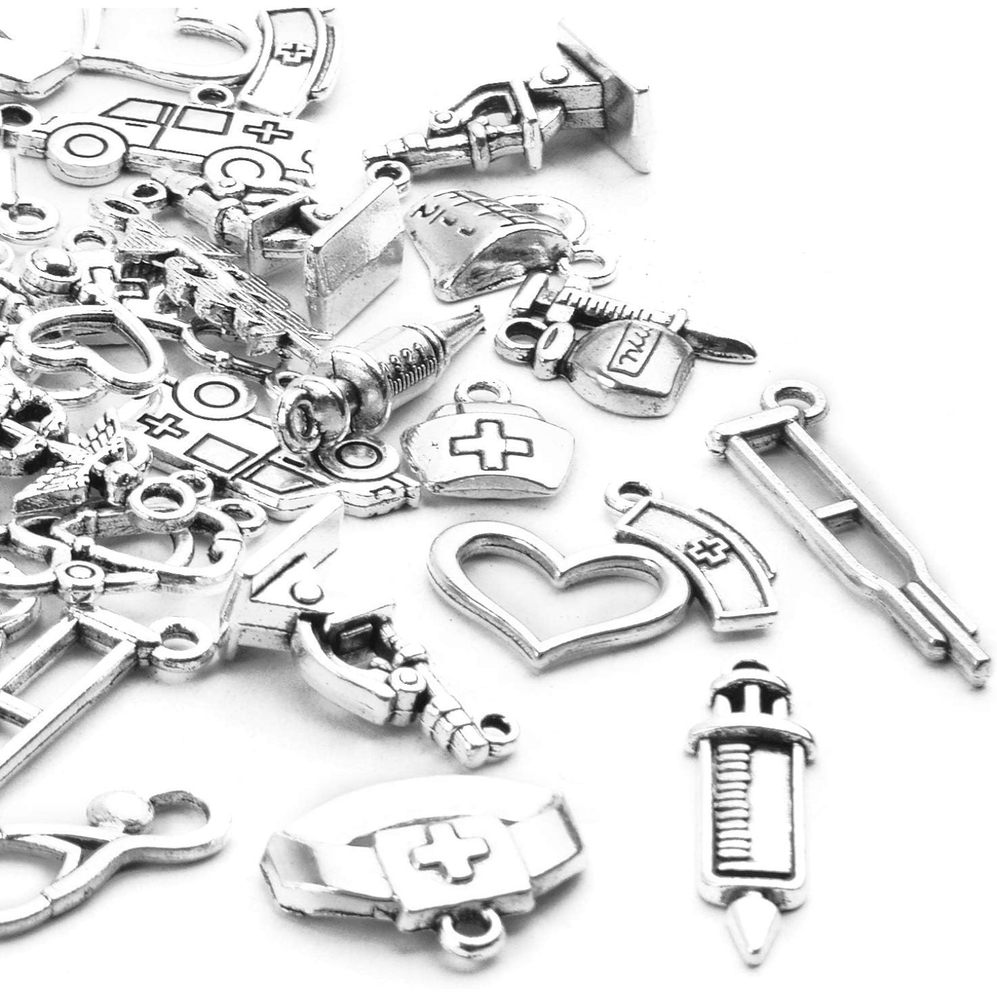 75pcs Antique Silver Medical Nurse Charms Stethoscope Ambulance Syringe Nurse Cap Hat Pendants Medical Theme Charms Craft Supplies for DIY Necklace Jewelry Making Accessory