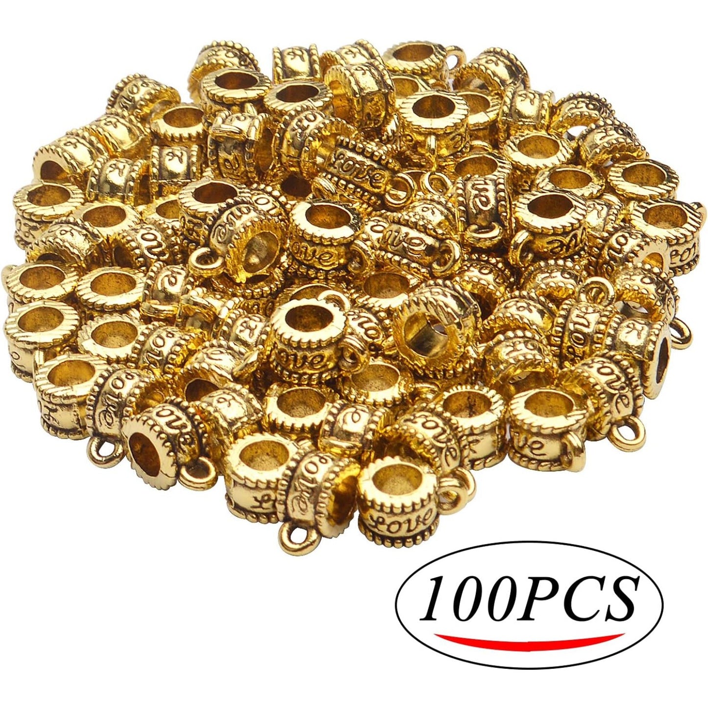 100pcs Antique Gold Bail Beads Tibetan Alloy Bail Tube Spacer Bead Connector Hanger Beads for Bracelet Necklace Pendant Jewelry Making