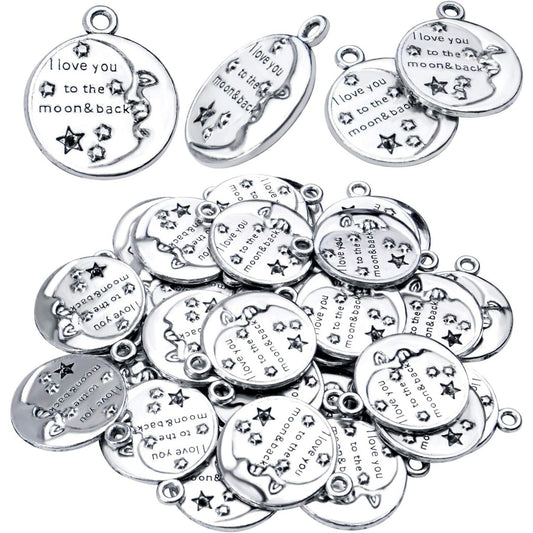 Inspirational Words Charms, 30pcs Lettering Saying Pendants (I LOVE YOU TO THE MOON&BACK) Charms Beads Jewelry Findings for DIY Necklace Bracelet