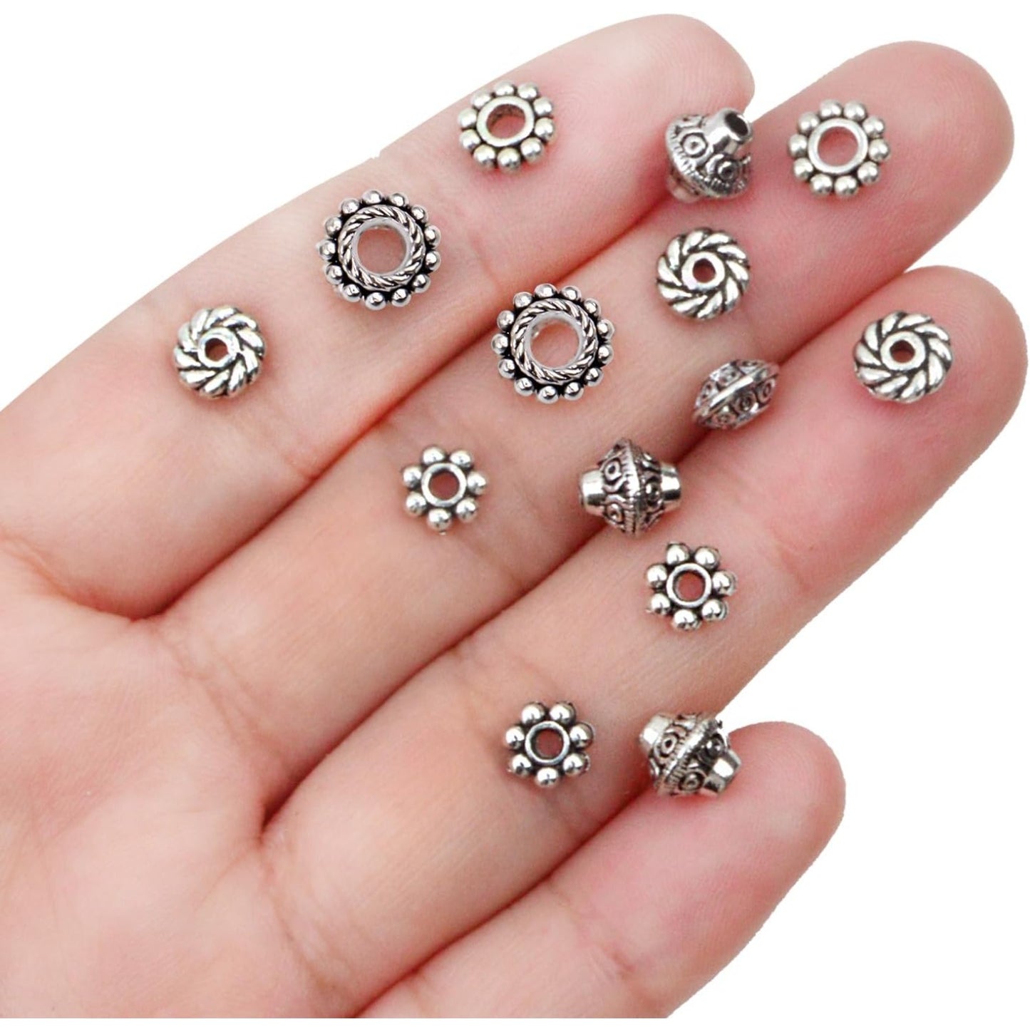 1 Box 300pcs 6 Styles Antique Silver Spacer Beads Tibetan Alloy Flower Charm Loose Bead Small Flat Round Rondelle Spacers Bulk for DIY Crafts Bracelets Earrings Jewelry Making