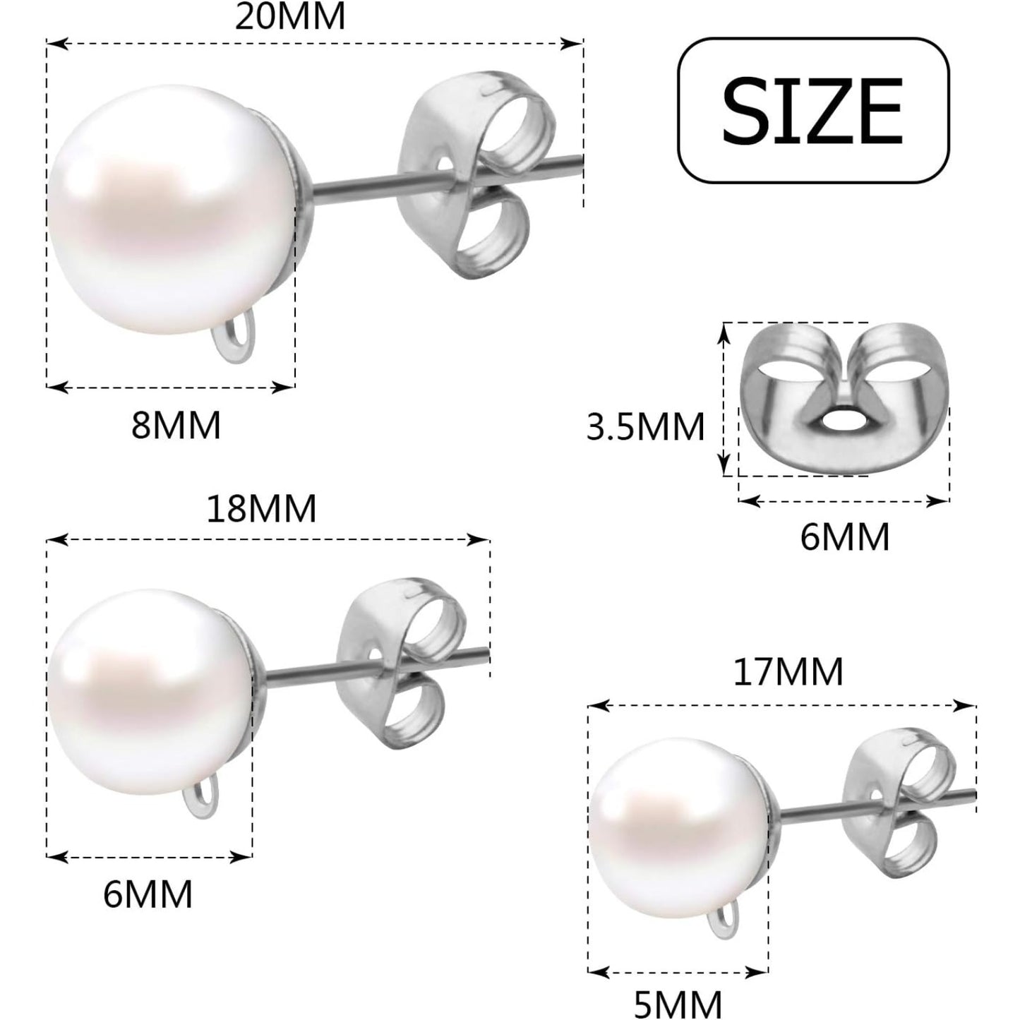 90pcs Faux Pearl Hypoallergenic Earring Posts Stud Earrings with Loop Metal Post Earring Studs and 90pcs Silver Butterfly Earring Backs for DIY Earring Jewelry Making