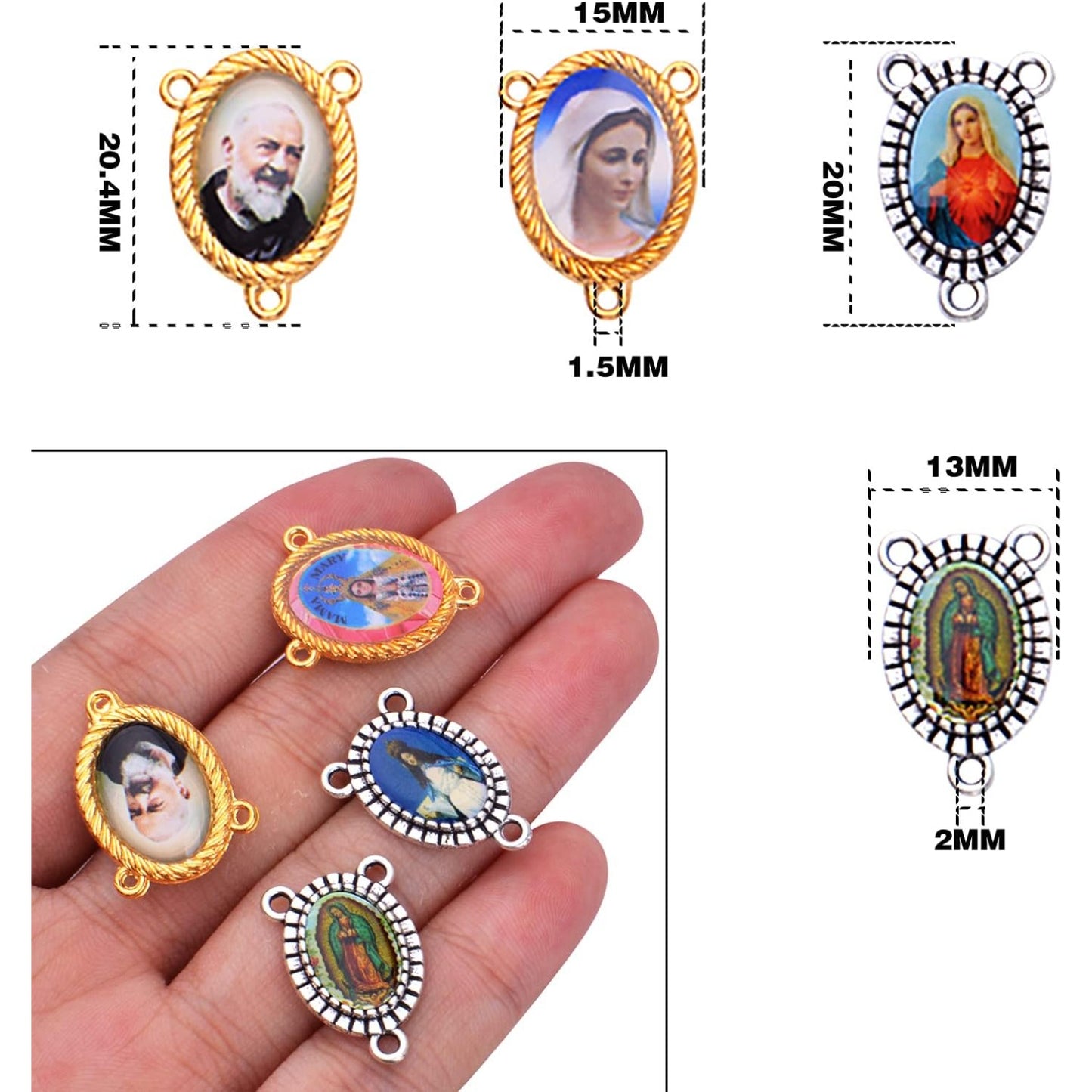 20pcs Mixed Pictures Oval Virgin Mary Miraculous Medal Floral Rosary Centerpiece Alloy Jesus Crucifix Cross Pendants Charms Connectors for DIY Jewelry Making, Gold, Silver