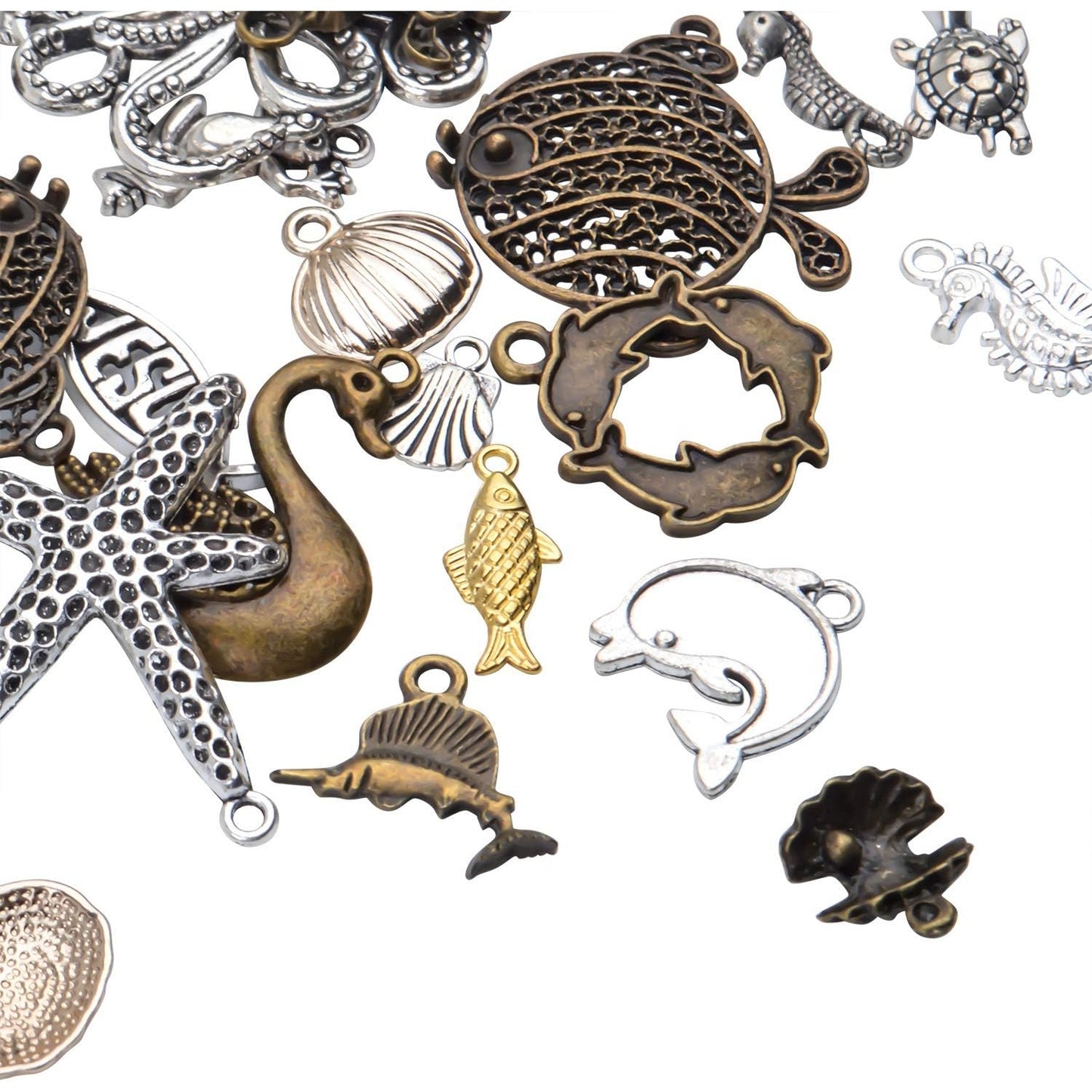 Marine Charm Collection,100g (About 60-70 Pieces) Sea Creatures Pendants Alloy Ocean Life Seashell Sea Stars Fish Jewelry Findings Craft Supplies for DIY Bracelet Necklace