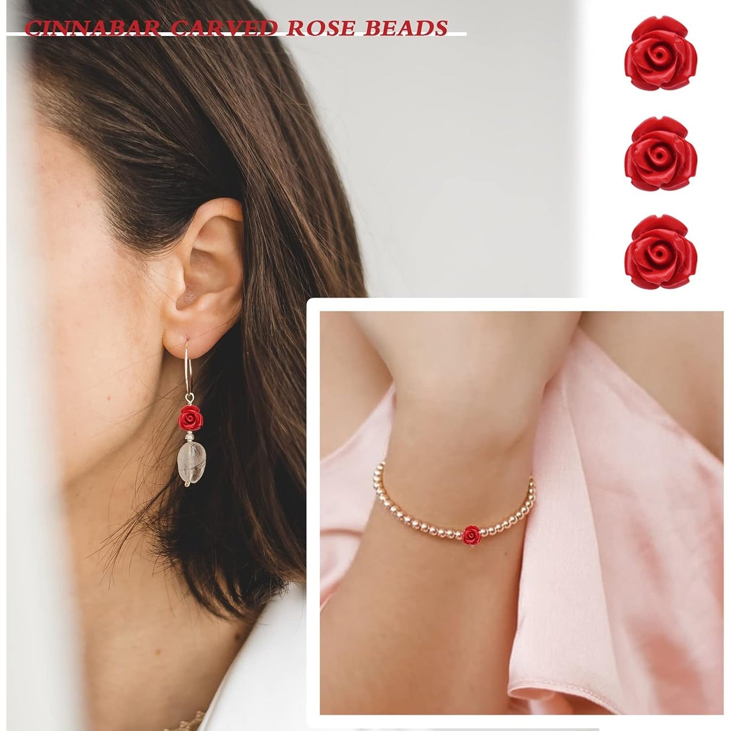 50pcs Cinnabar Carved Rose Beads Rose Flower Loose Beads for DIY Earrings Necklace Bracelet Jewelry Making Supplies Wedding Party Anniversary Favor Gifts, 10 mm x 8 mm, Hole: 1.5 mm