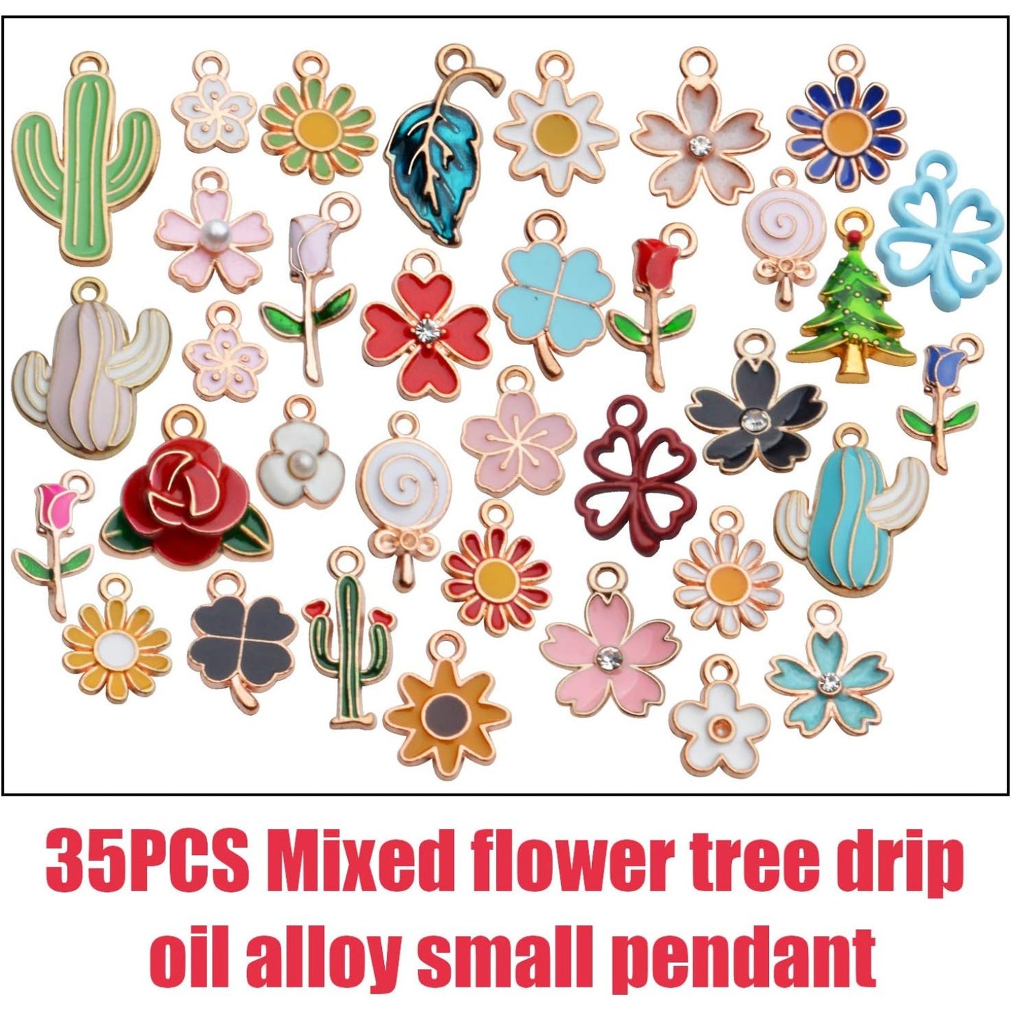 Enamel Charms Bulk, 35pcs Assorted Enamel Gold Plated Plant Charms Tree Leaf Flower Rose Cactus Pendants DIY Craft Supplies Accessory for Necklace Bracelet Jewelry Making Findings