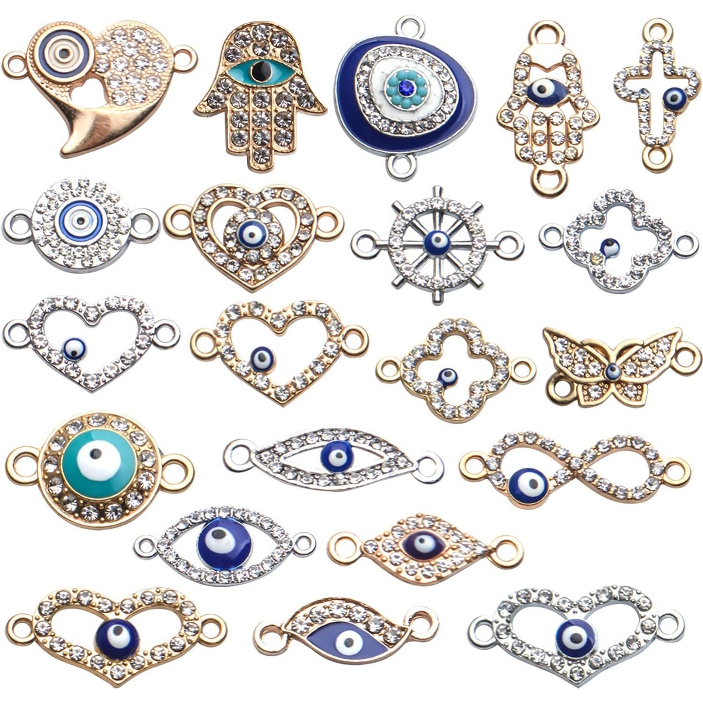 Evil Eye Connector Charms, 22pcs Enamel Rhinestone Diamond Heart Infinity Butterfly Hand of Fatima Jewelry With 2 Holes for DIY Bracelet Earrings Necklace