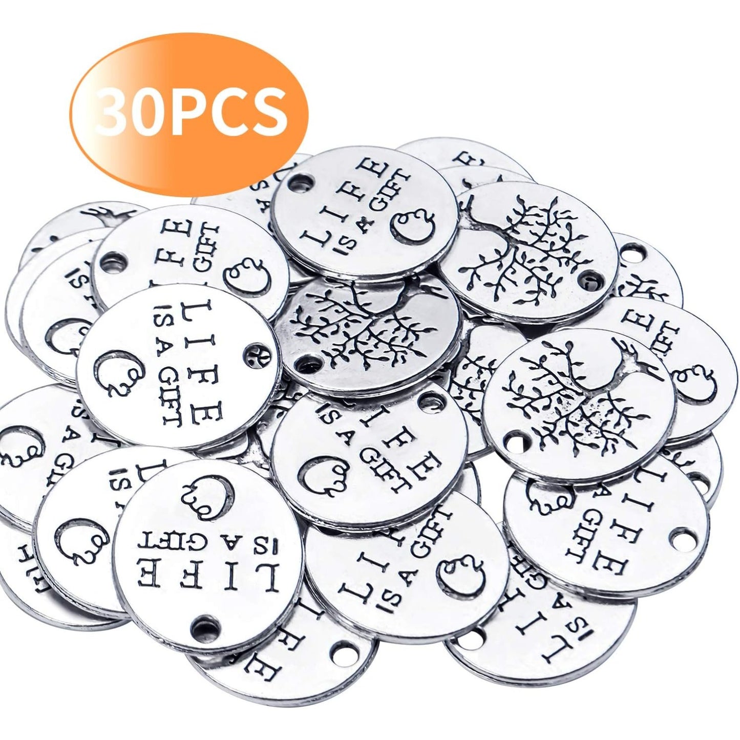 Inspirational Words Charms, 30pcs Lettering Saying Pendants (LIFE IS A GIFT) Tree of Life Charms Beads Jewelry Findings for DIY Necklace Bracelet - Double-Sided Design