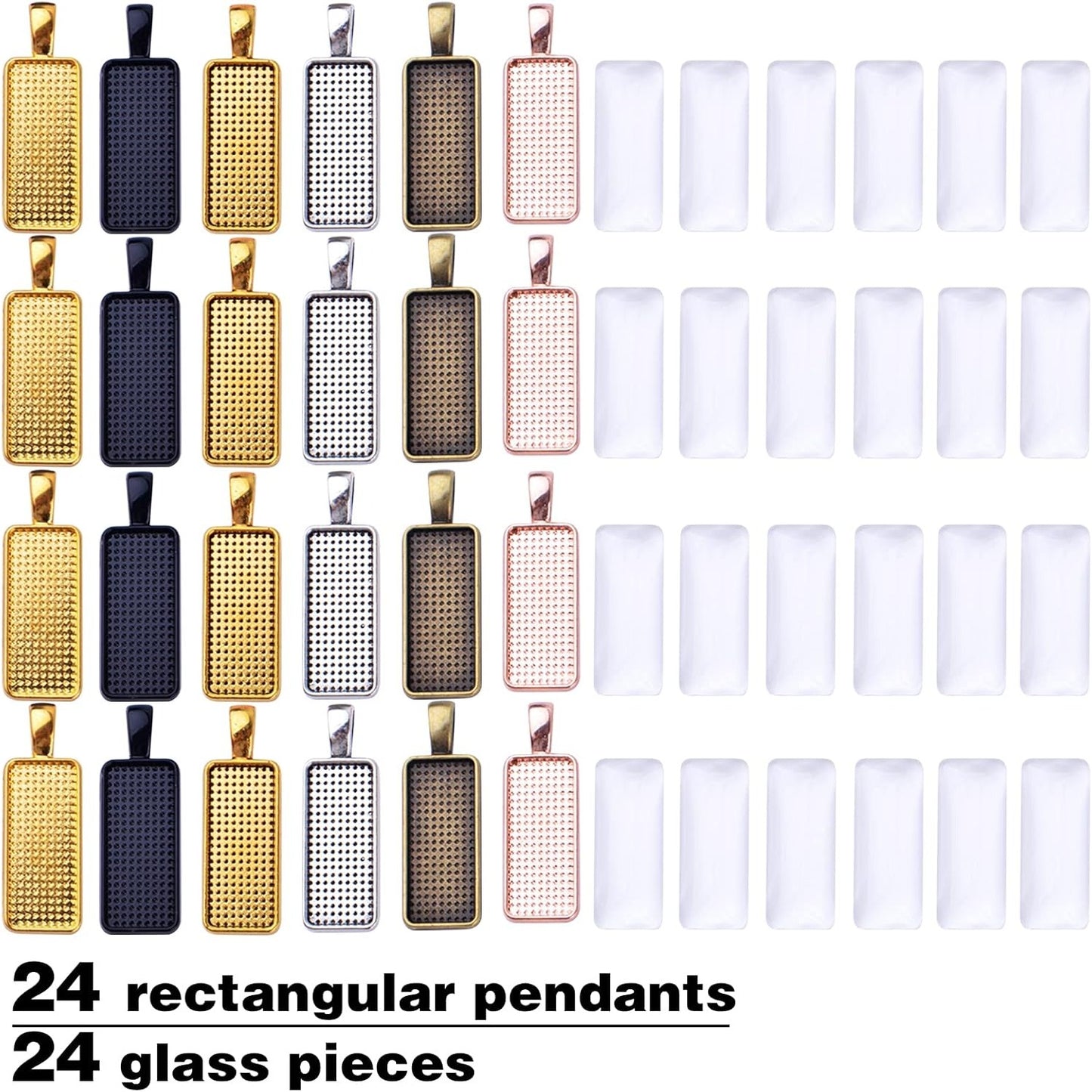 48pcs Pendant Trays Cabochons Set, 24pcs Rectangle Bezel Pendant Trays and 24pcs Glass Dome Cabochon Tiles for Jewelry Crafts Making, 6 Colors