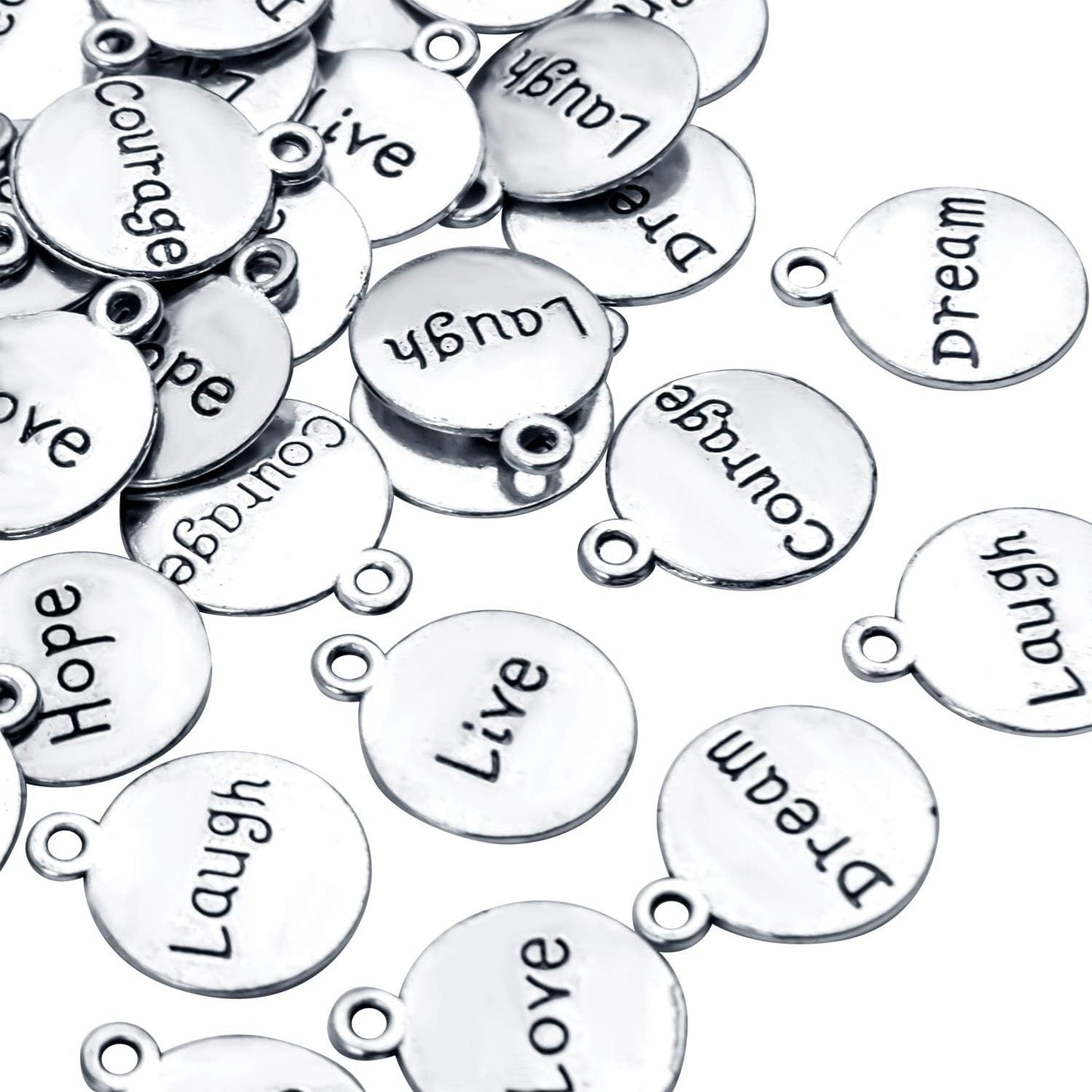 60pcs Inspirational Words Pendants Round Double-sided Lettering Charms Jewelry Findings for Crafting Necklace Bracelet,Antique Silver