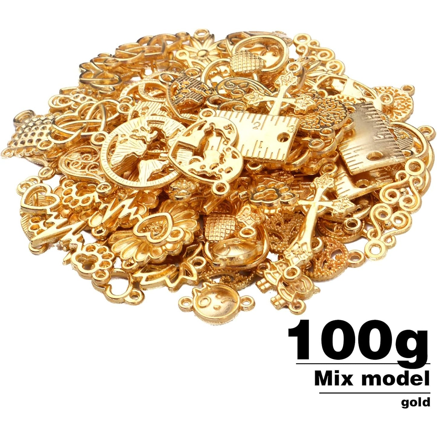 100g Gold Plated Jewelry Charms Connectors, Flower Leaf Heart Round Ruler Charm Pendant Connectors Bracelet Charm Connector for DIY Jewelry Making Accessory