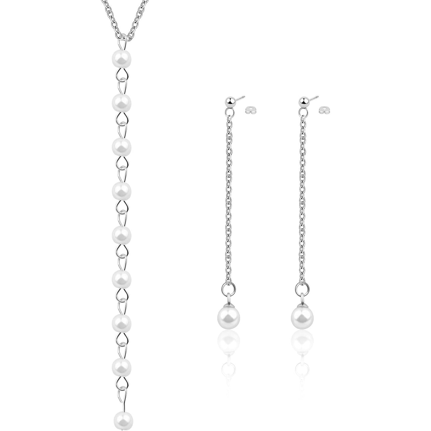 1pcs Stainless Steel Pearls Pendant Necklace and 1 Pair Long Tassel Pearl Dangle Earring Studs Jewelry Set for Women Brides Bridesmaids Birthday Wedding Gifts