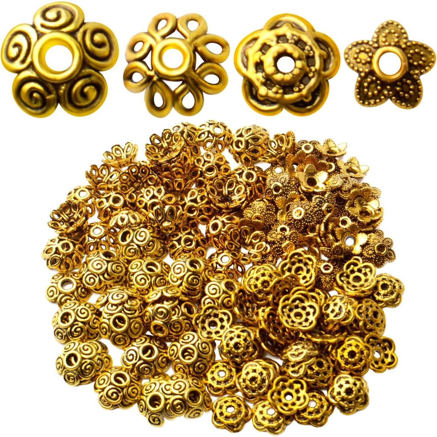 200pcs Antique Gold Spacer Beads Caps Flower Bead Caps Alloy Flower Cap Bead End Caps Loose Beads for DIY Bracelet Earring Necklace Jewelry Crafts Making Accessories