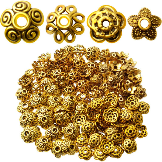 200pcs Antique Gold Spacer Beads Caps Flower Bead Caps Alloy Flower Cap Bead End Caps Loose Beads for DIY Bracelet Earring Necklace Jewelry Crafts Making Accessories
