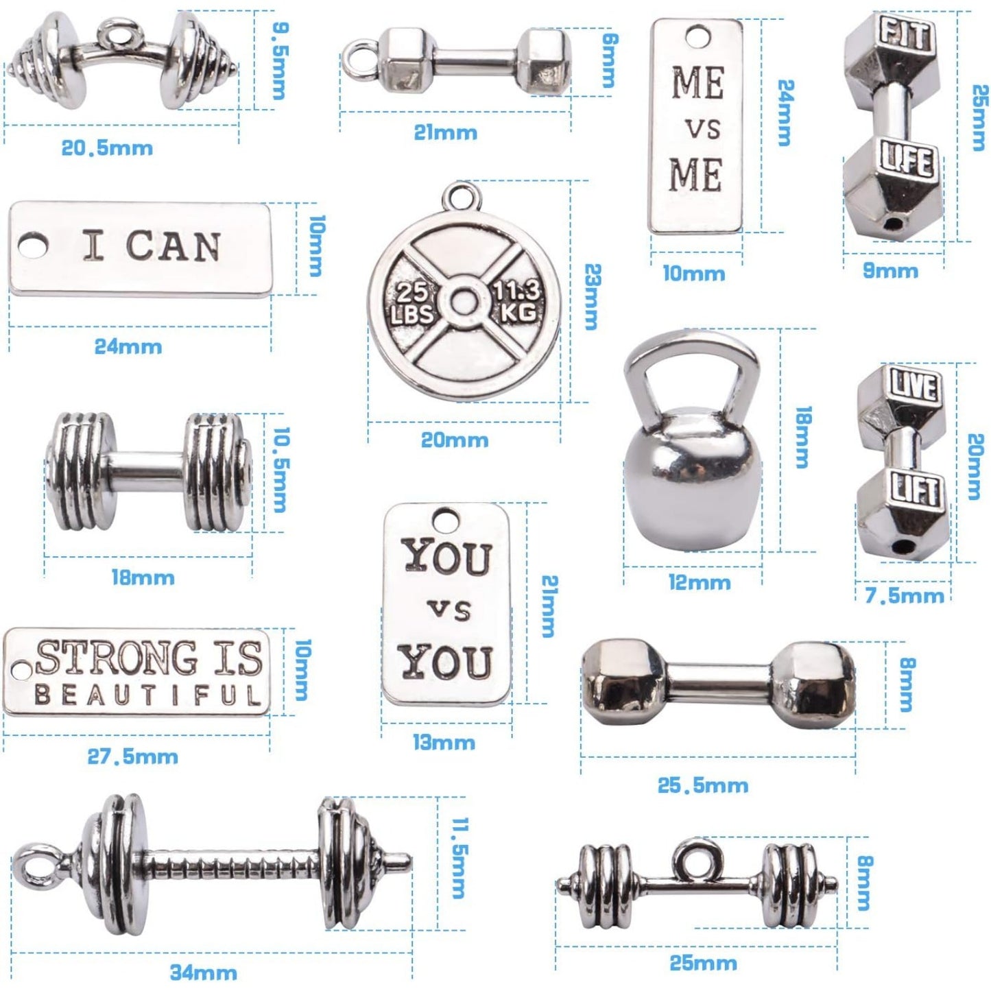 32pcs Sport Charms Barbell Dumbbell Kettle Bell Weightlifting Charms Pendants for Necklace Bracelets Jewellery Making Crafting,14 Styles