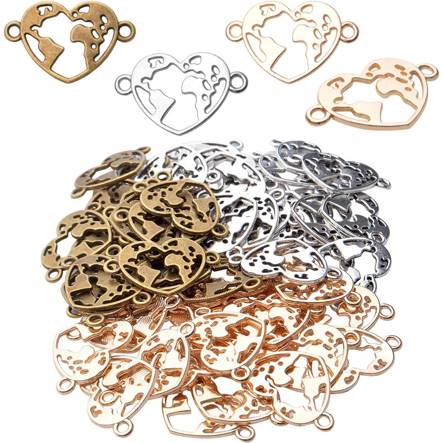 60pcs Alloy Large Filigree Heart Charm Love Connector Links Charms Double Loops Jewelry Heart Charm Pendants for DIY Bracelet Jewelry Crafts Making Accessories