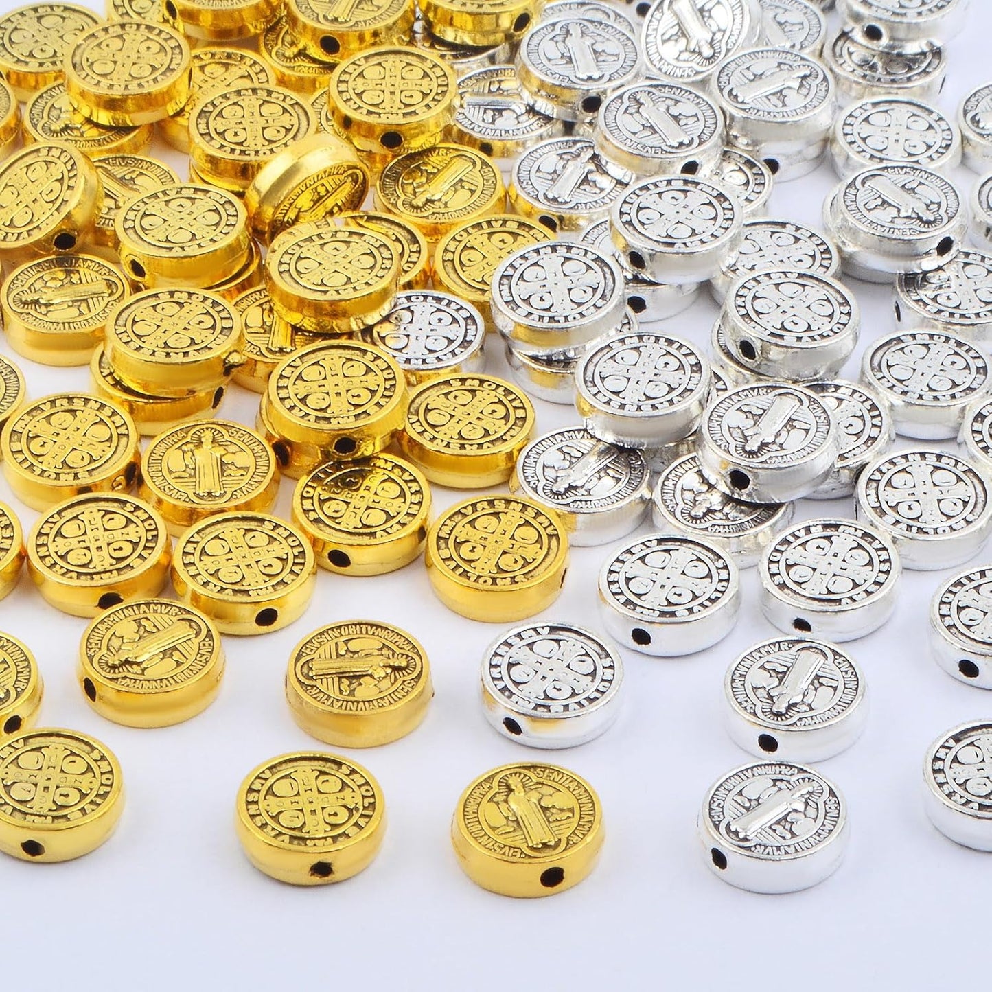 100pcs 9.5 mm Round Double-Sided Jesus Cross Spacer Beads Catholic Saint Benedict Beads Religious Loose Beads for DIY Rosary Bracelet Necklace Jewelry Making, 2 Colors