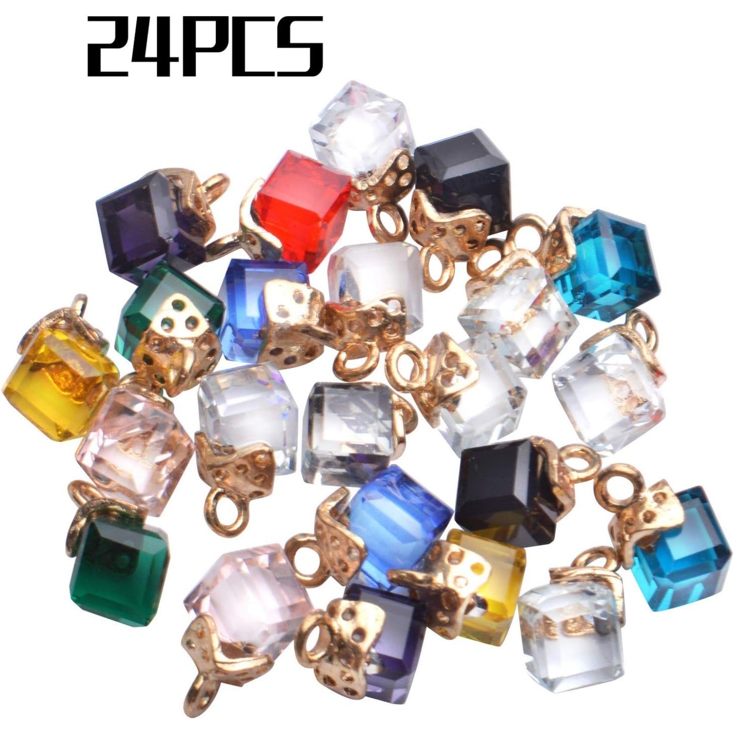 24 Pcs Cube Crystal Charms Bulk Rhinestone Pendants, 12 Colors for DIY Jewelry Making Supplies