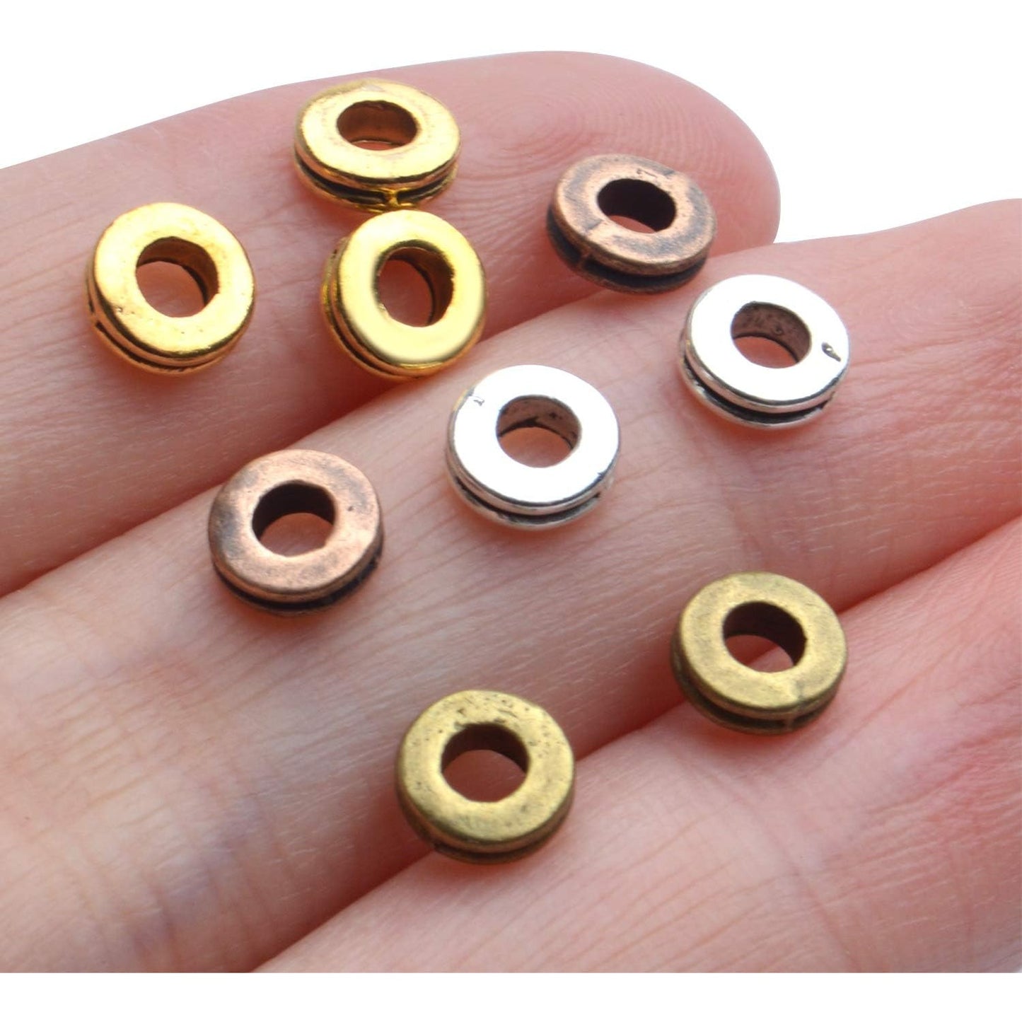 Rondelle Spacer Beads, 200pcs 6mm Flat Round Spacer Beads - Metal Craft Supplies for DIY Jewelry Making - Antique Golden, Silver, Bronze, Copper