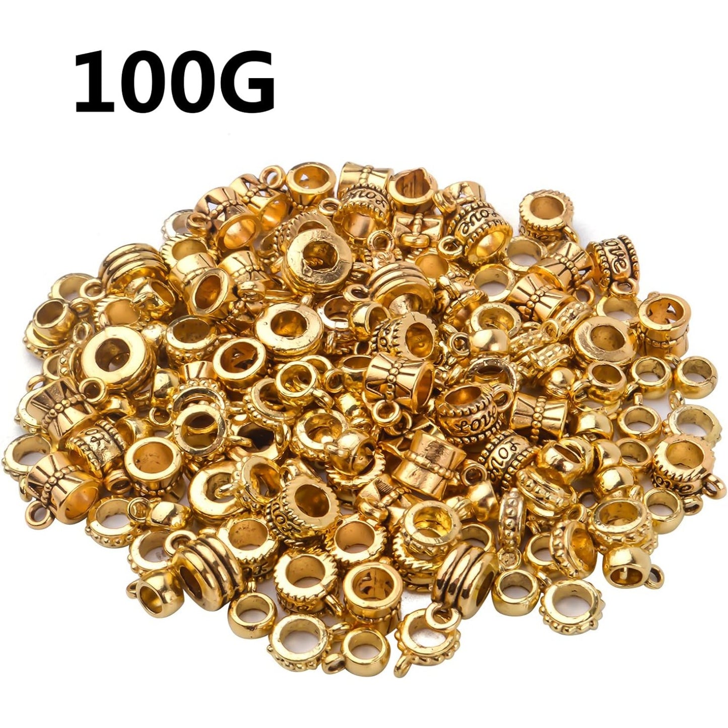 100g Antique Gold Bail Tube Beads Bail Beads Spacer Beads Tibetan Bead Hanger Charms Connector Links for DIY European Charm Bracelet Jewelry Crafts Making, 5 Styles