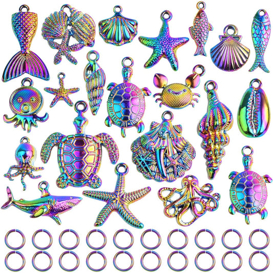 20pcs Stainless Steel Mixed Ocean Beach Charms Sea Creatures Starfish Seashell Octopus Pendants and 20pcs Open Jump Rings for DIY Bracelet Necklace Jewelry Making, Rainbow Color