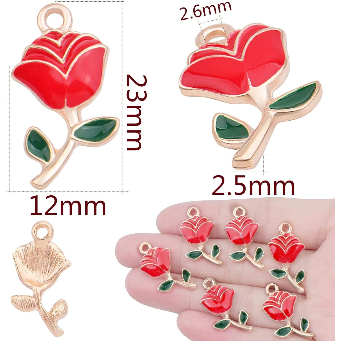 30pcs Enamel Rose Flower Charm Pendants Lovely Dangle Charms for Valentine's Day DIY Bracelet Necklace Earrings Jewelry Making, Red