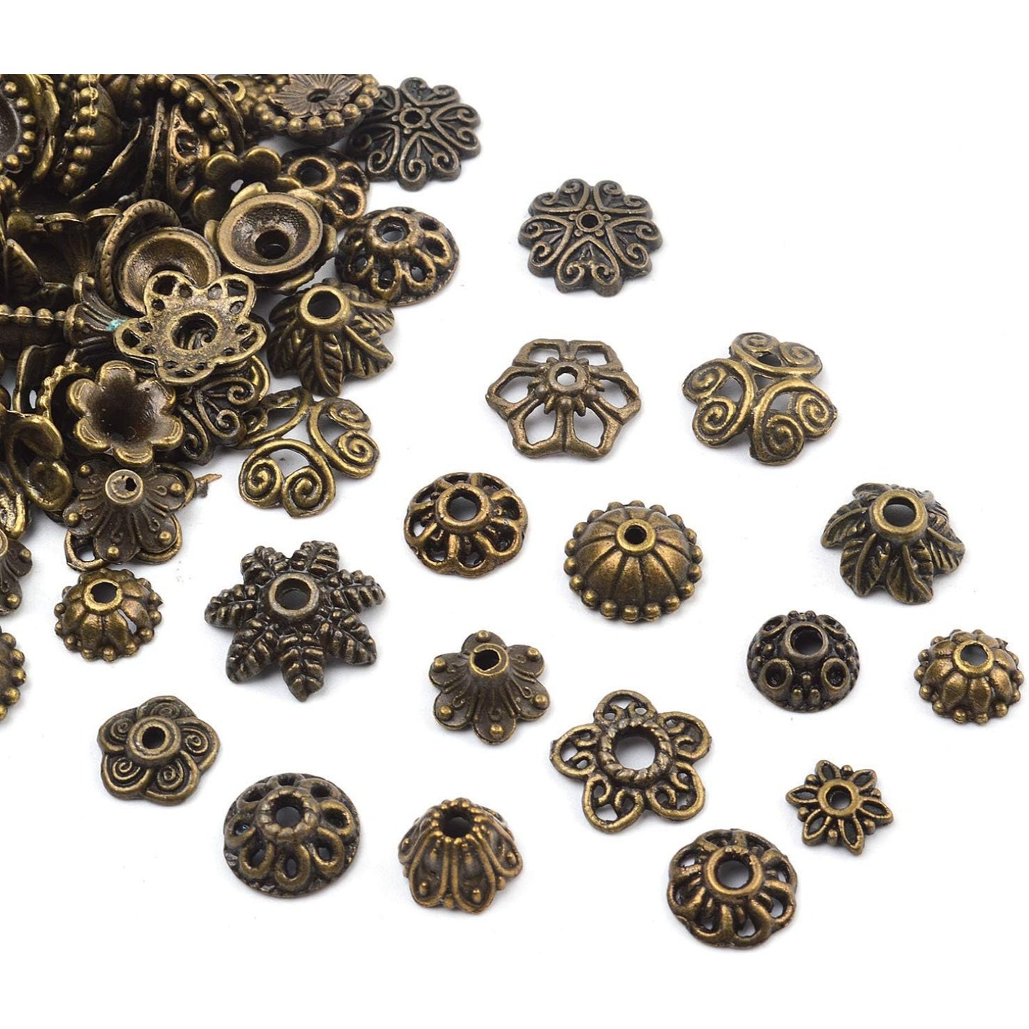 100 Gram(About 150-250pcs) Bali Style Jewelry Making Metal Bead Caps Deluxe New Mix,Bronze