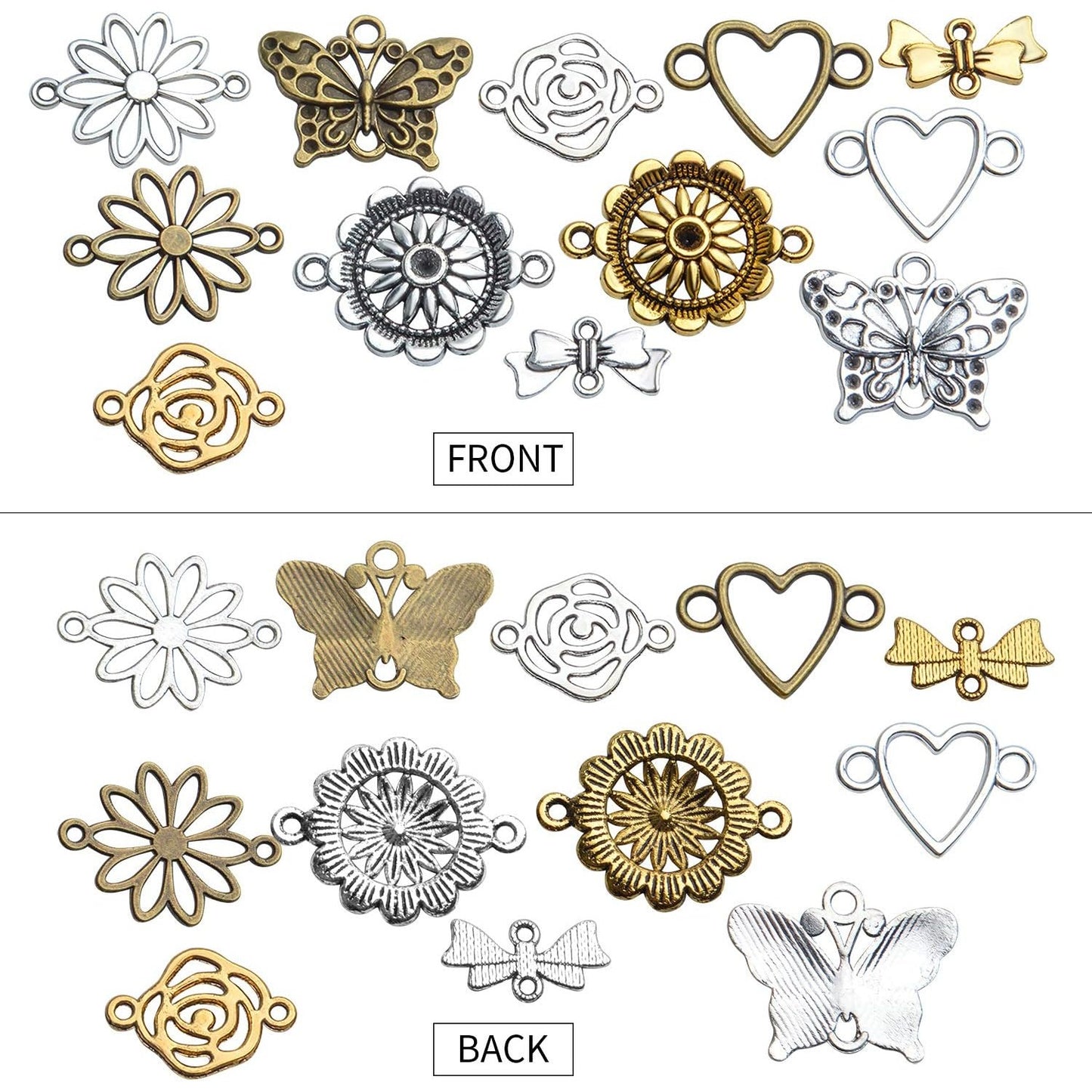 60pcs Craft Supplies Flower Heart Connector Charms Link Charms Pendants with 2 Holes for Bracelets Jewelry Making,6 Styles
