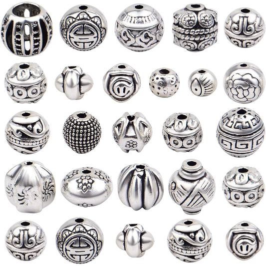 100 Gram Antique Silver Mixed Round Spacers Beads Tibetan Alloy Vintage Charm Beads Loose Spacer Beads for DIY Bracelet Necklace Jewelry Making