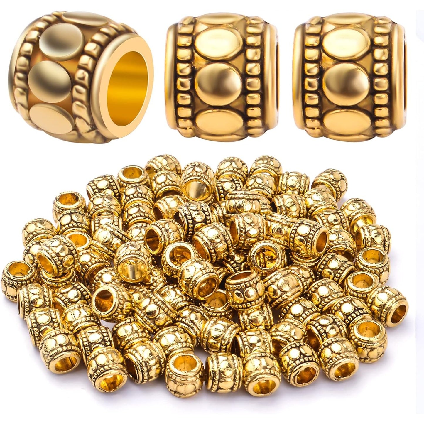 100pcs Antique Gold Large Hole Spacer Beads Tibetan Alloy European Barrel Beads Loose Charms for DIY Necklace Bracelets Jewelry Making Accessories, 7 mm x 6 mm, Hole: 4 mm