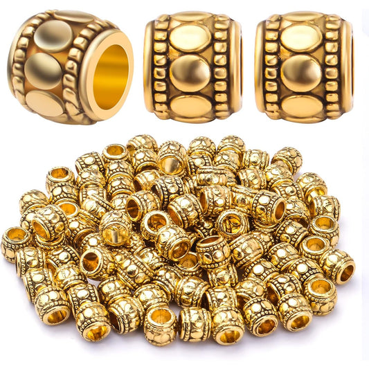 100pcs Antique Gold Large Hole Spacer Beads Tibetan Alloy European Barrel Beads Loose Charms for DIY Necklace Bracelets Jewelry Making Accessories, 7 mm x 6 mm, Hole: 4 mm