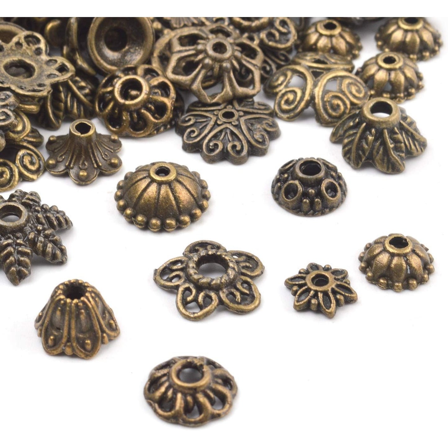 100 Gram(About 150-250pcs) Bali Style Jewelry Making Metal Bead Caps Deluxe New Mix,Bronze