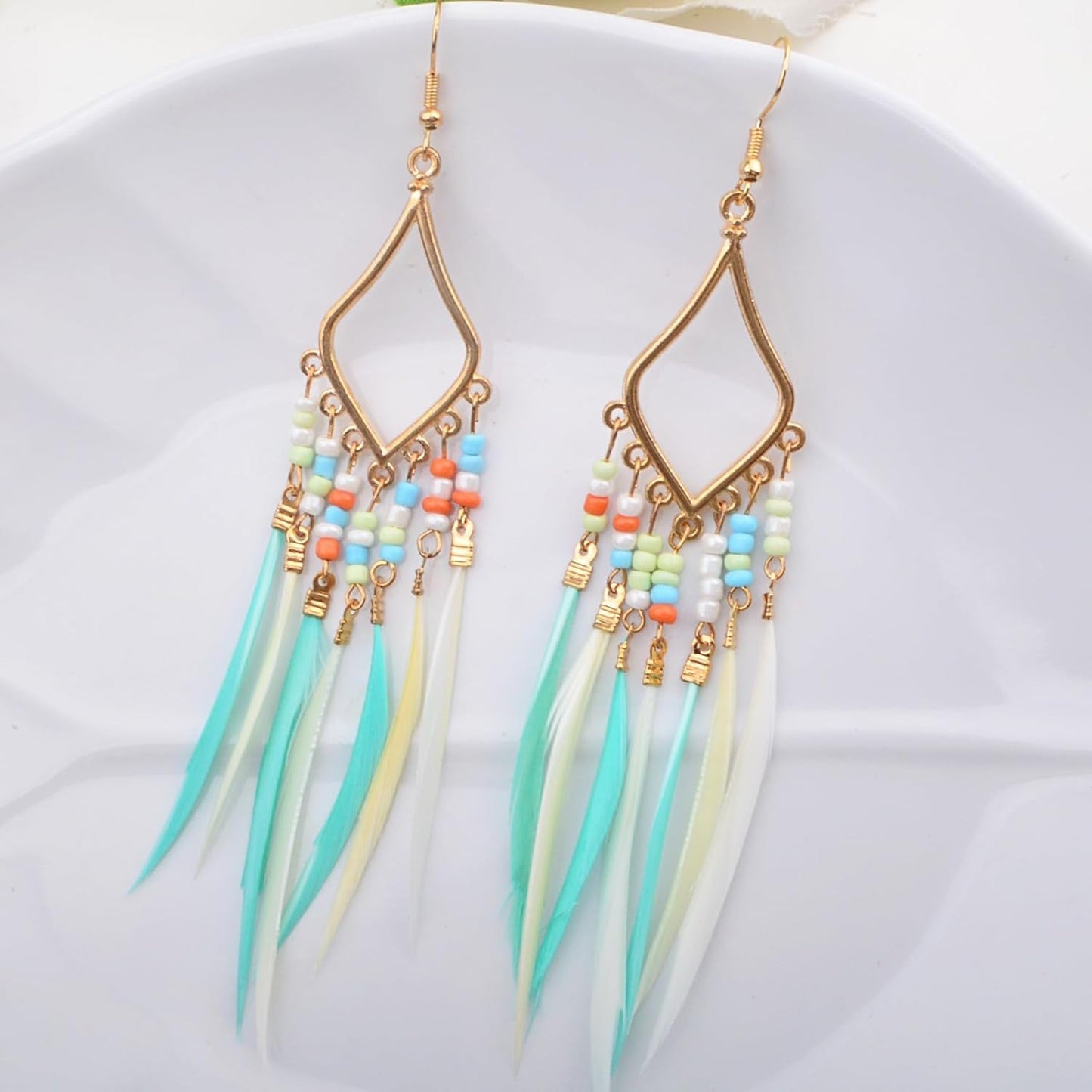 3 Pairs of Bohemian Earrings Set with Feather Tassel, Retro Boho Multicolor Long Fringe Tassels Feather Beaded Dangle Earring Hooks Jewelry for Women