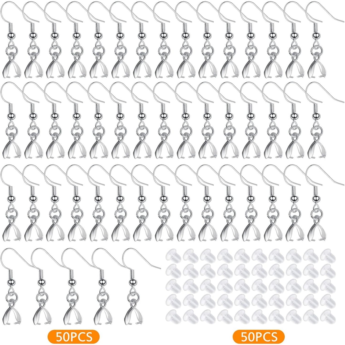 50pcs Brass Earring Fish Hooks Hypoallergenic French Earwire Hooks with Pinch Bail Clasps and 50pcs Clear Earring Backs Stoppers for DIY Earrings Making Supplies, Silver