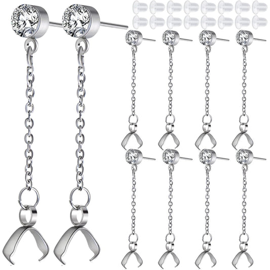 10pcs Hypoallergenic Rhinestone Earring Studs Stainless Steel Earring Posts with Bead Chains and Pinch Clasps, 20pcs Clear Bullet Earring Backs for DIY Jewelry Making Supplies