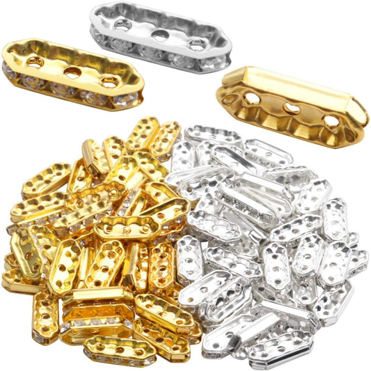 Rhinestone Spacer Beads,100Pcs Crystal Spacer Bars Beads 3 Hole Alloy Spacers Bar Link Connectors for DIY Multi Strand Bracelet Jewelry Making