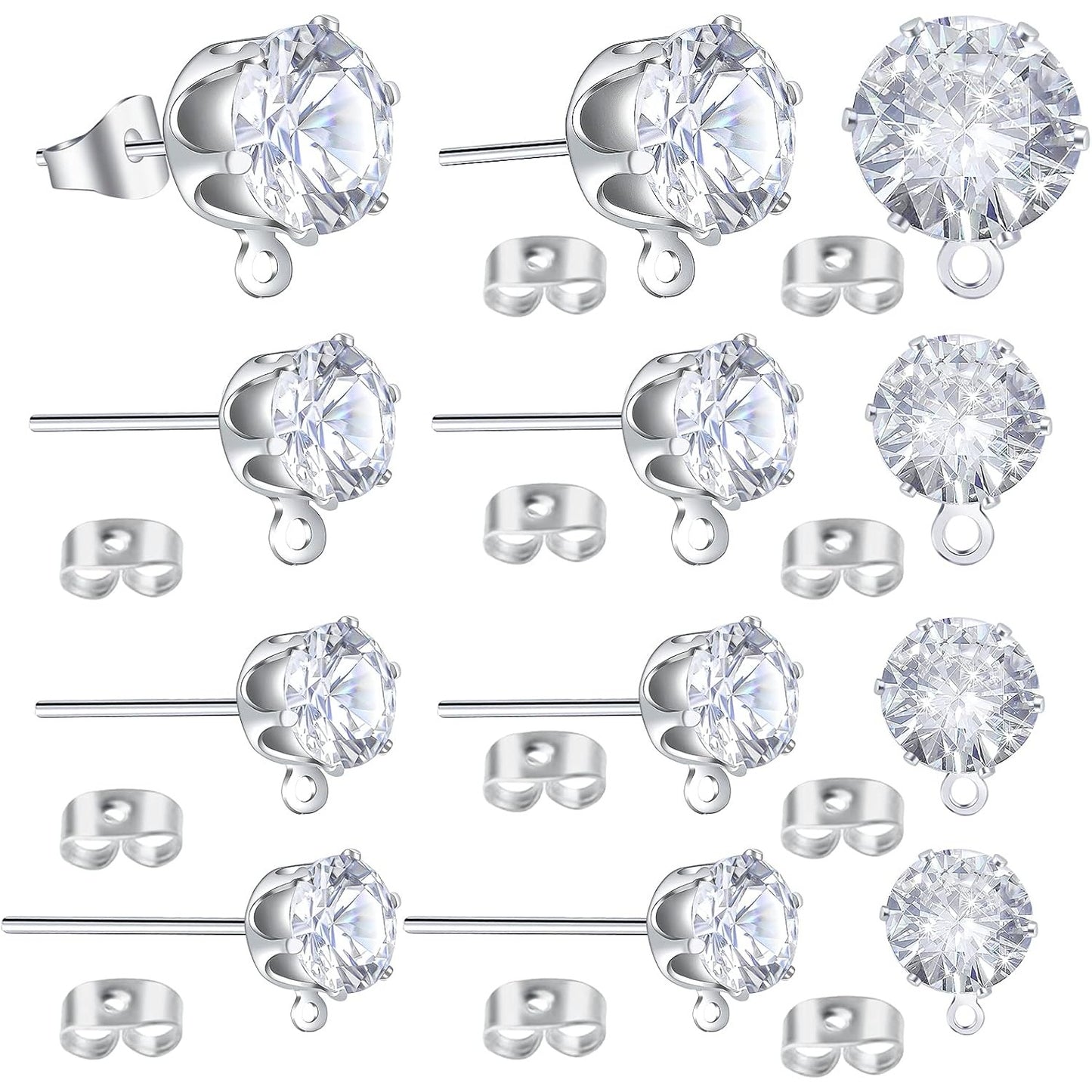 40pcs 925 Sterling Silver Cubic Zirconia Earring Studs Round Diamond Stud Earrings with Loop and 40pcs Butterfly Earring Backs for Women Men DIY Jewelry Making, 4mm/5mm/6mm/8mm
