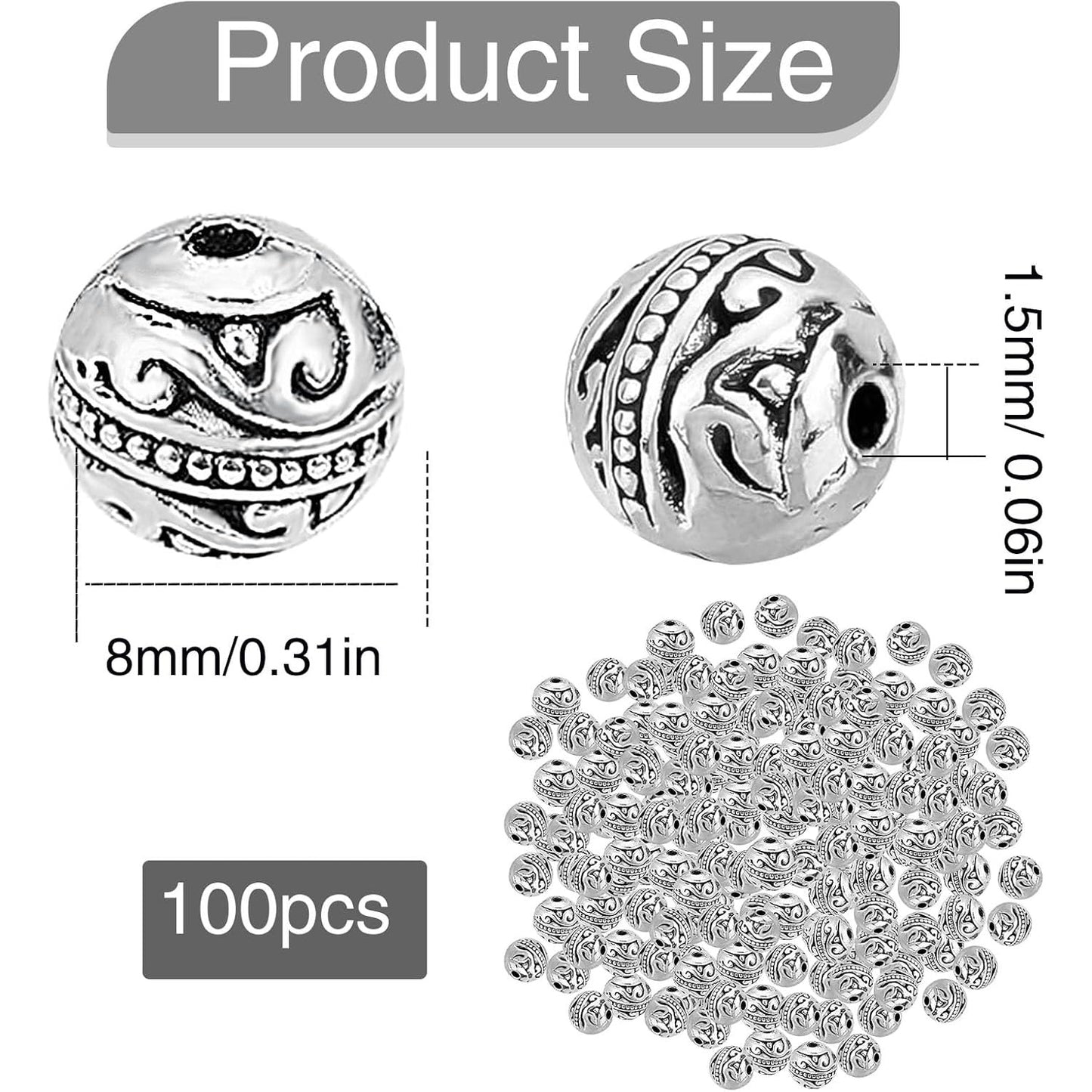 100pcs Antique Silver Round Spacer Beads Tibetan Alloy Ball Loose Bead Charms Metal Spacers Craft Accessories for DIY Bracelet Necklace Earrings Jewelry Making, 8 Mm