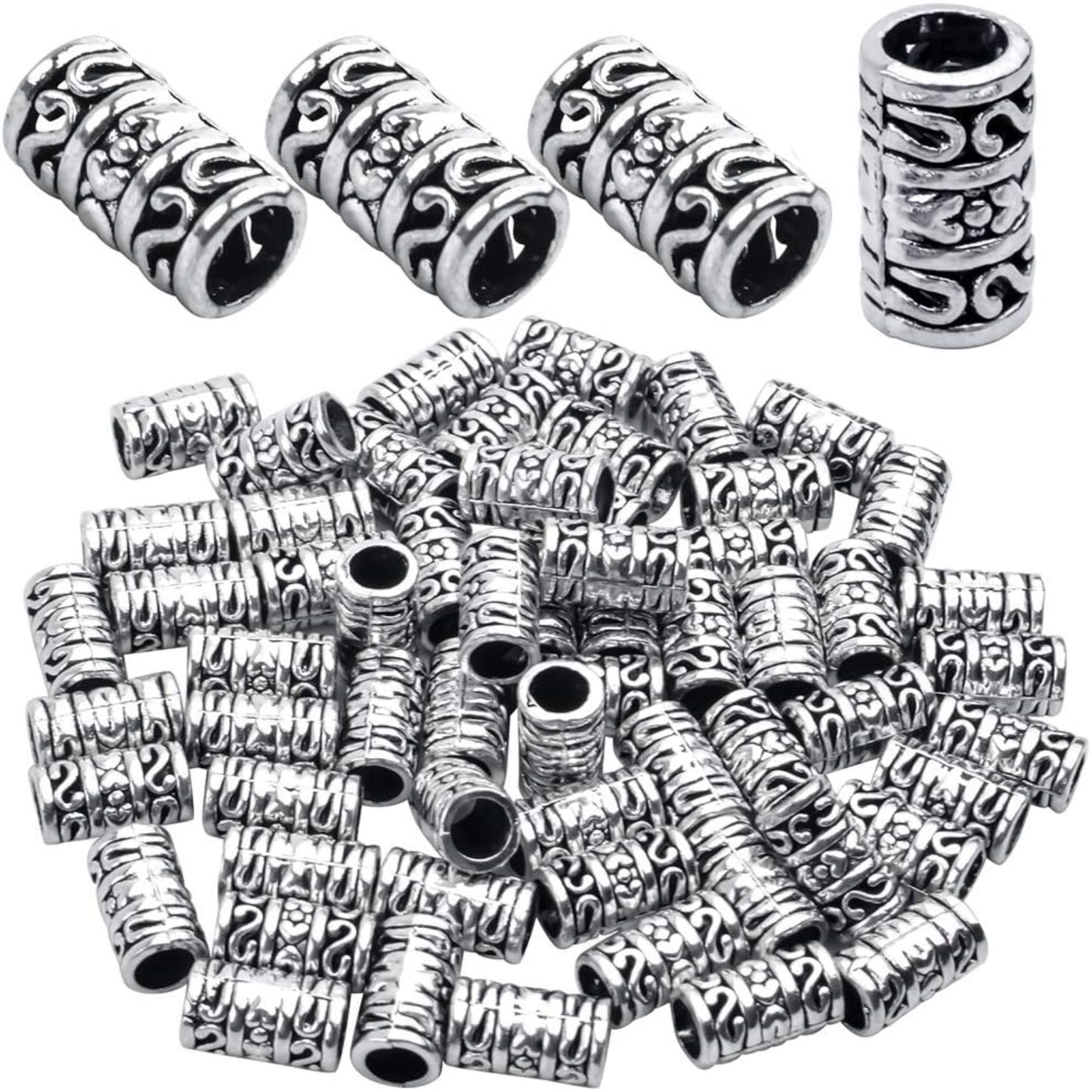 60pcs Tibetan Antique Silver Spacers European Large Hole Beads Charms Hollow Tube Bead Caps for DIY Dreadlocks Jewelry Crafts