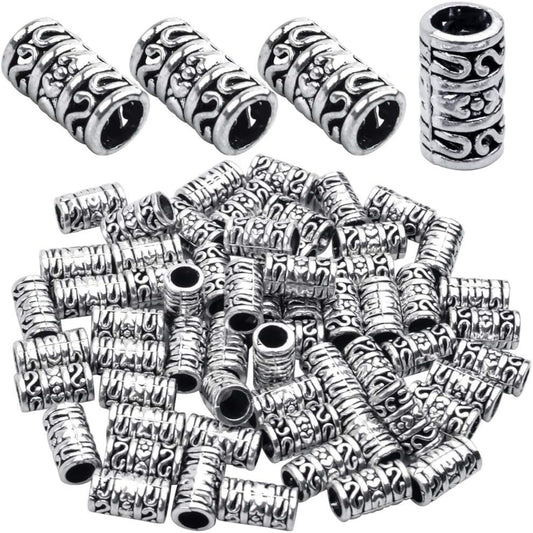 60pcs Tibetan Antique Silver Spacers European Large Hole Beads Charms Hollow Tube Bead Caps for DIY Dreadlocks Jewelry Crafts