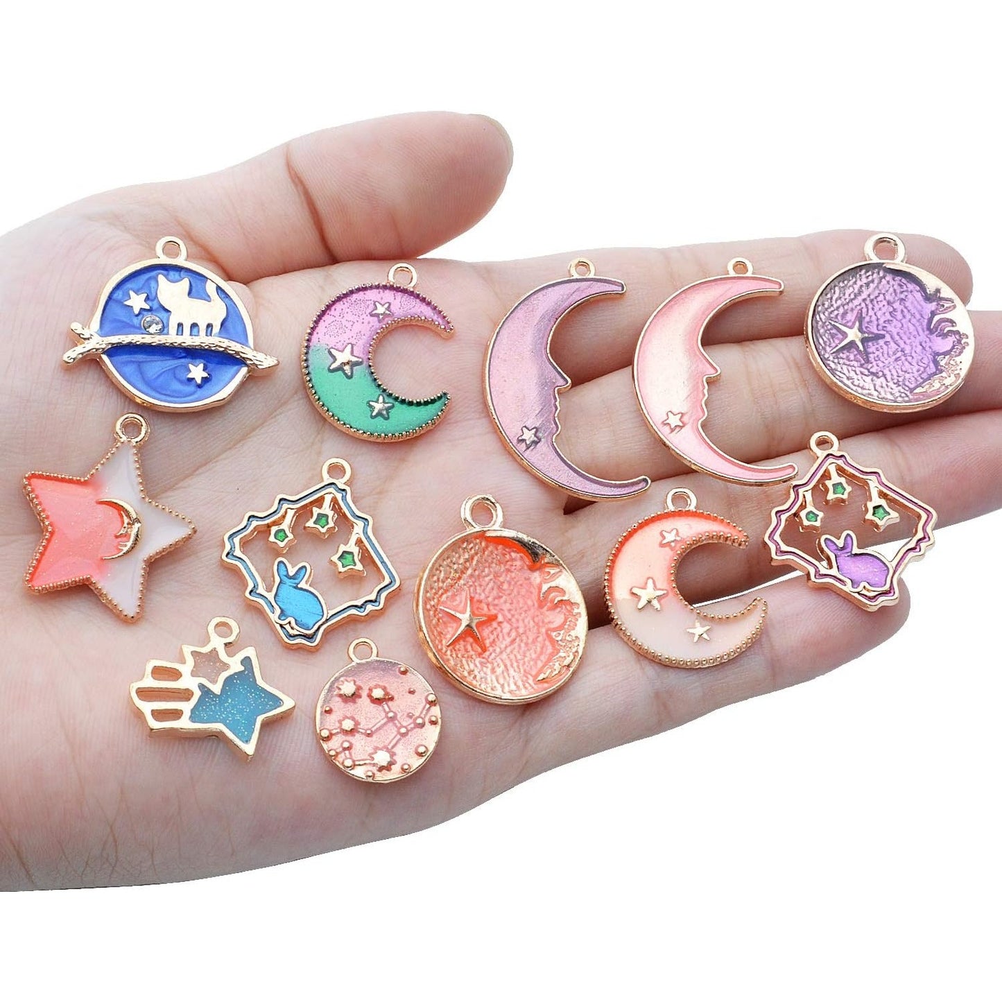 60pcs Mixed Enamel Heart Moon Star Charms Celestial Charm Jewelry Charms Pendants DIY for Earrings Necklace Bracelet Jewelry Making and Crafting, 3 Colors